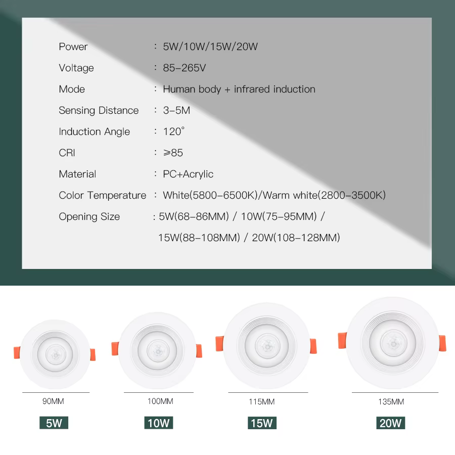 LED Downlight PIR Capteur de Mouvement AC85-265V Encastré Led Spots 5W/10/15W / 20W Pour Salon Coulo