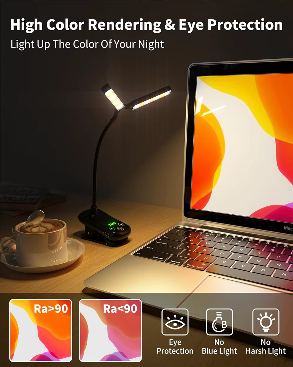 Lampe de livre, lampe de lecture à commande tactile à 14 LED avec 3 couleurs et 8 luminosité, lampe