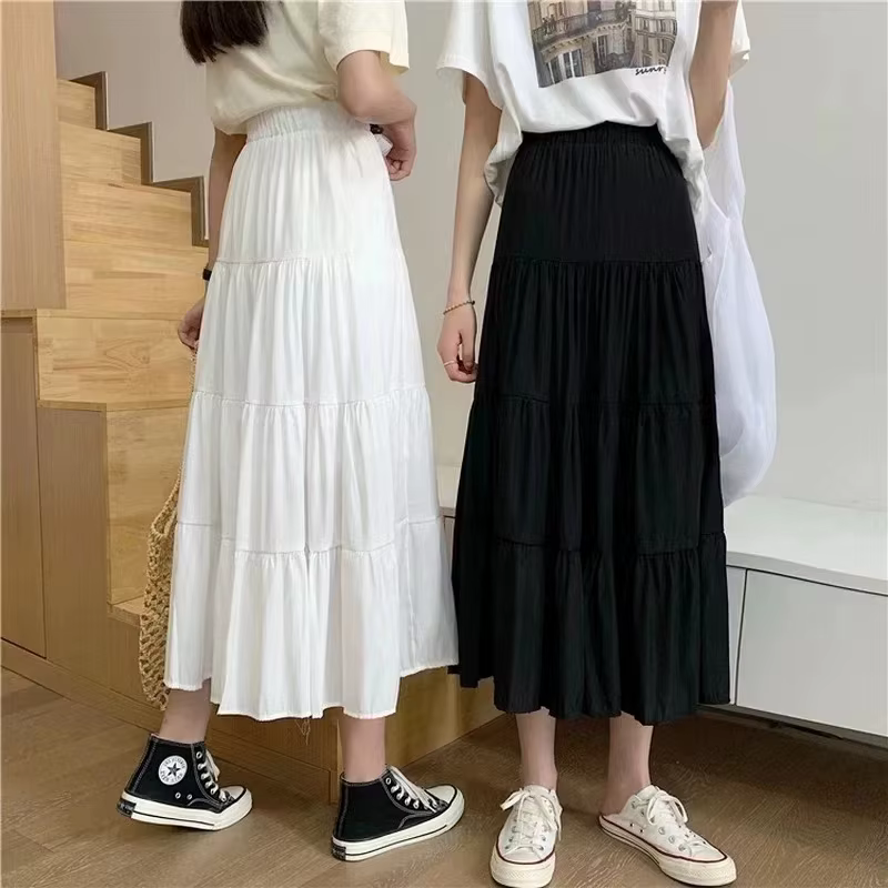 Printemps été femmes jupes Vintage taille haute élastique Patchwork blanc noir Chic longue gâteau a-