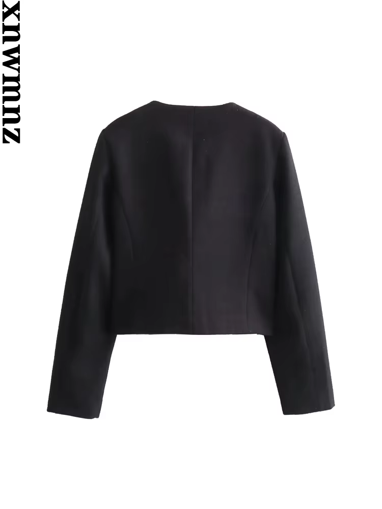 XNWMNZ-Veste courte vintage à col rond pour femme avec poche à rabat, blazer femme polyvalent, manch