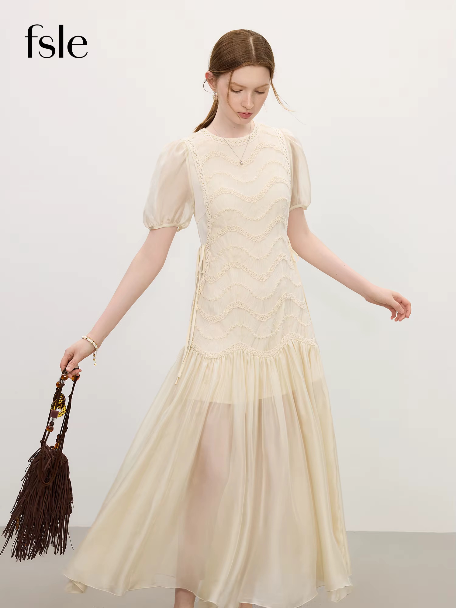 FSLE 2025 été femmes maille broderie robe évider épissage bulle manches taille cravate Y2K à la mode