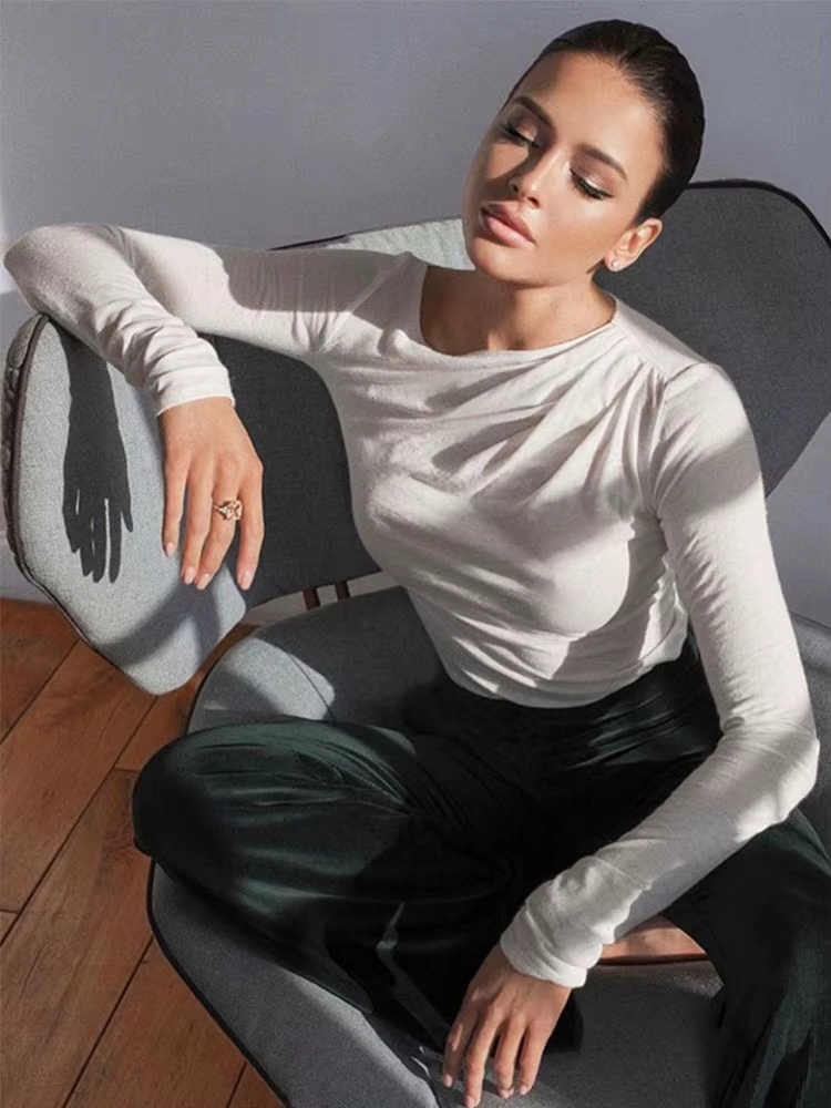 Haut à manches longues blanc T-Shirts femmes basique haut court automne Pollover solide col incliné 