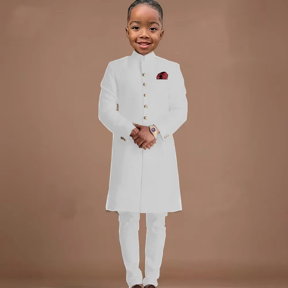 Costumes longs pour garçon, 2 pièces, veste formelle avec pantalon pour mariage, col montant, tenues