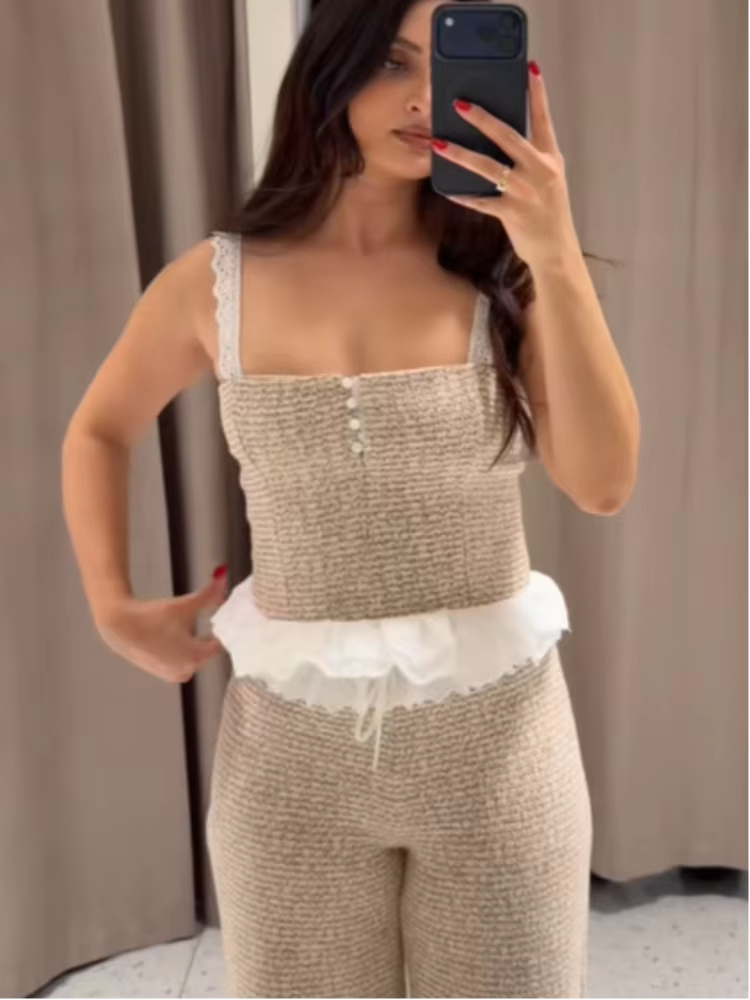 Ensemble décontracté élégant 2 pièces pour femme : Haut court à bretelles fines et volants, pantalon