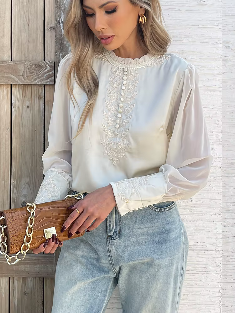 Nouveau printemps chemises brodées pour dames mode manches en mousseline de soie chemisiers pour fem