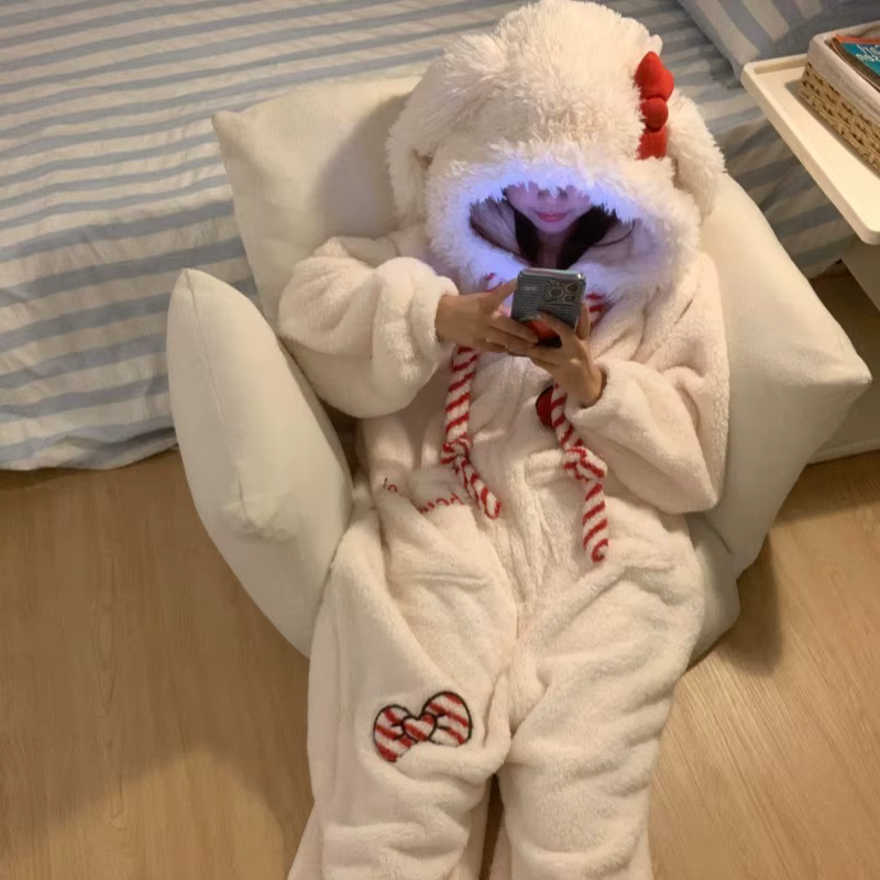 Pyjama une pièce en forme de lapin avec nœud doux et mignon pour femme, vêtement de nuit d'hiver en