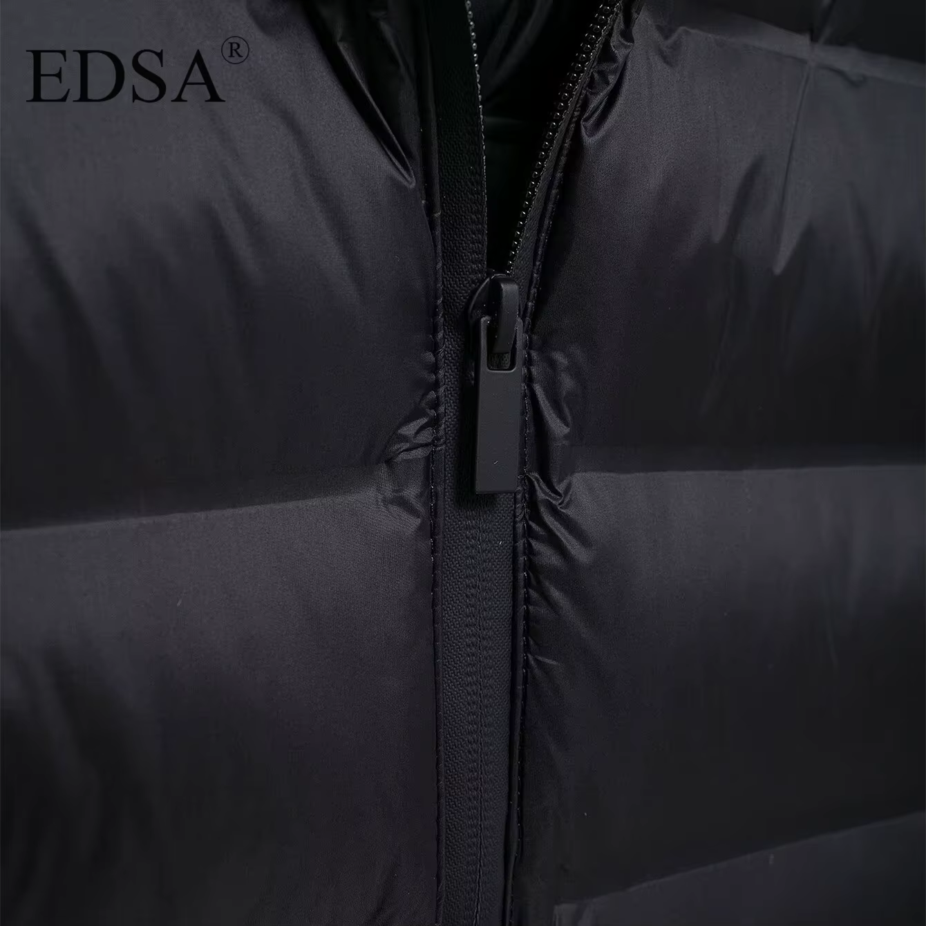 EDSA Veste rembourrée noire pour femme, capuche réglable avec bouchons, col haut, manches longues, p