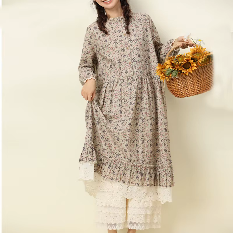JohmobJapanese-Robe vintage en coton et lin pour femme, imprimé patchwork, en dentelle, avec poches,