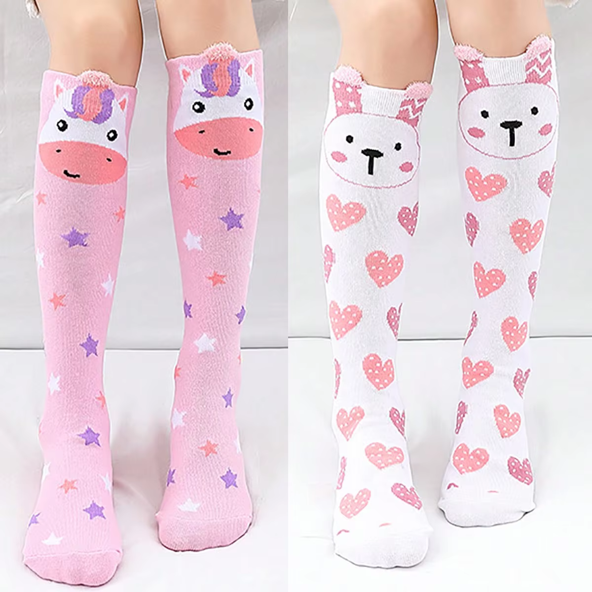 2 paires de chaussettes hautes en forme de cœur de lapin pour filles, chaussettes au-dessus du genou