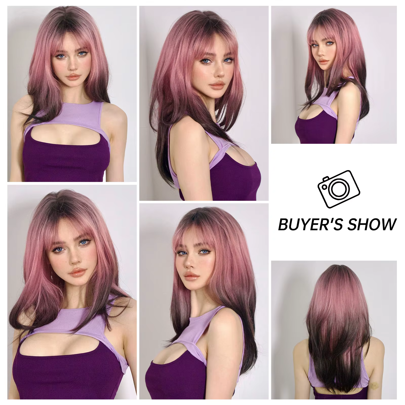 Perruques Synthétiques sulfDroites avec Frange pour Femme, Noir Rose Ombre, Perruques Afro Colorées