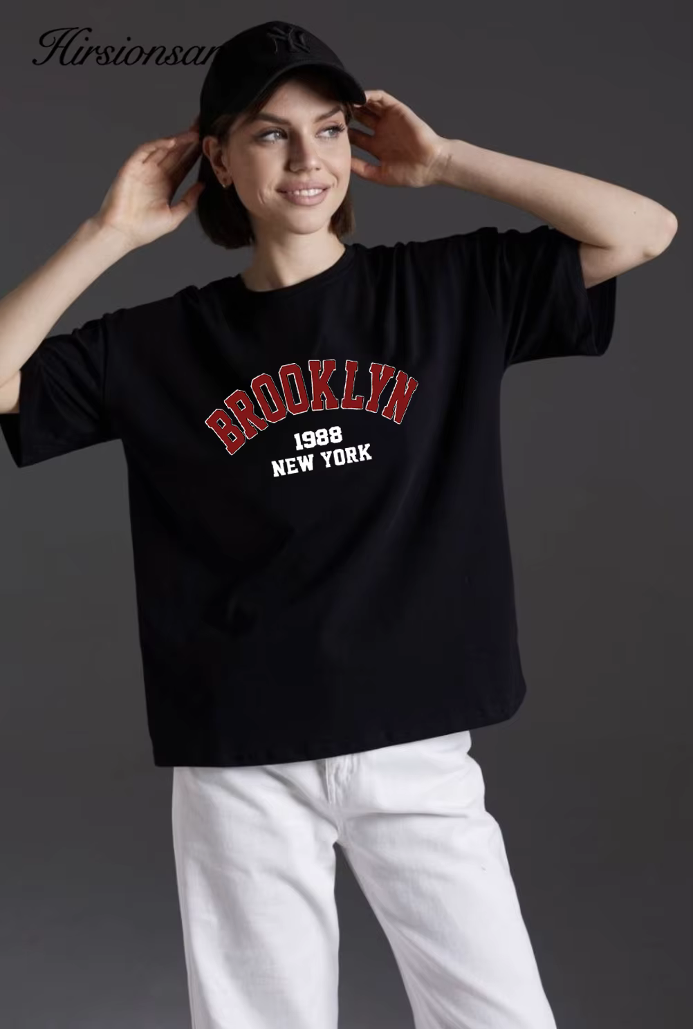 Hirsionsan-T-shirt imprimé lettre pour femme, 100% coton, style américain, t-shirts basiques, haut d