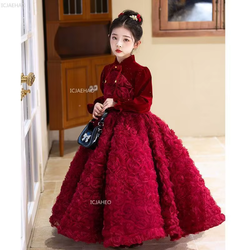 Robe de soirée formelle vintage bordeaux à manches longues pour filles, robe de princesse florale po