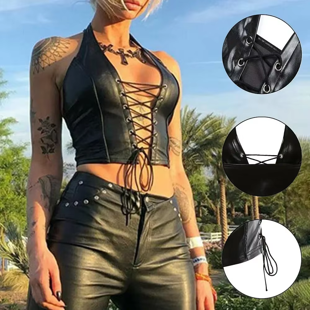 Débardeur Sexy en cuir PU noir uni pour femmes, Y2k gothique à lacets, décolleté en V profond, vêtem