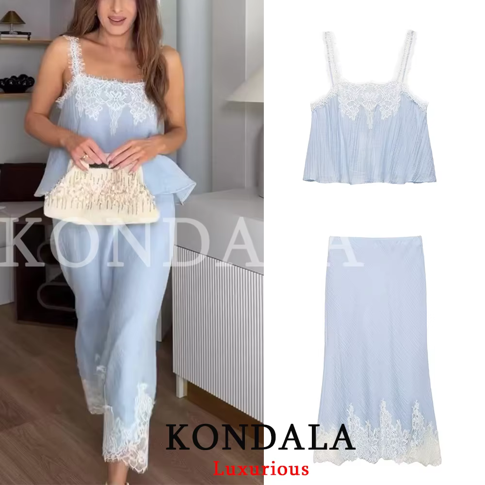 KONDALA Ensemble Jupe Chic et Sexy pour Femme, Haut Caraco en Dentelle et Jupe Longue Droite, Tendan