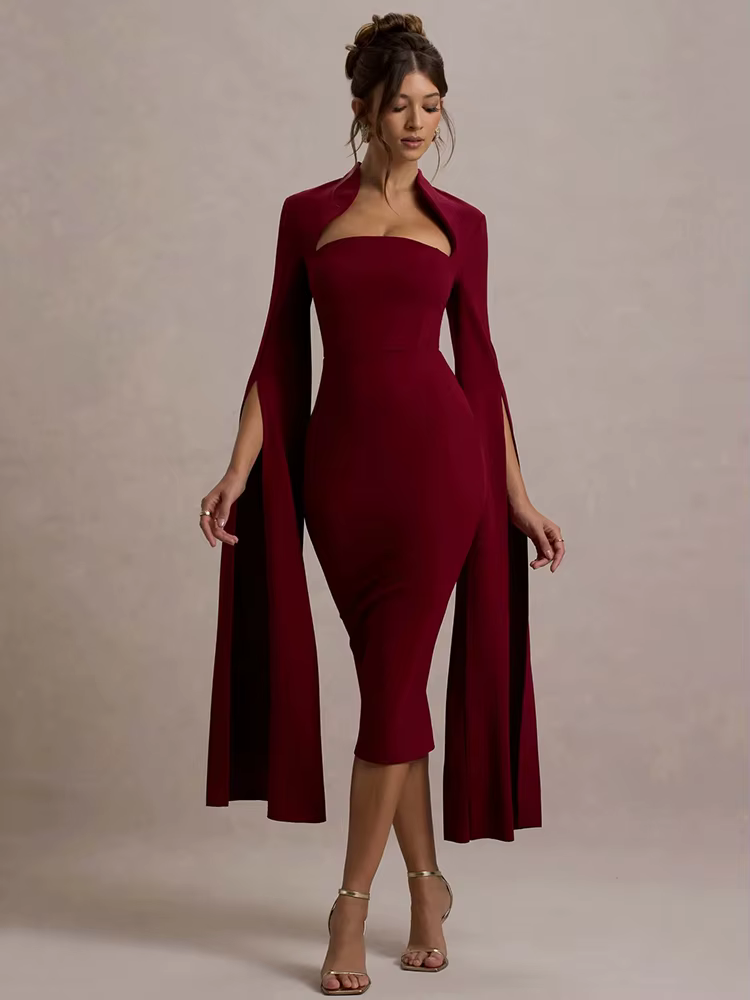 Mozision Cape à manches longues Sexy robe mi-longue pour les femmes automne hiver nouveau col carré