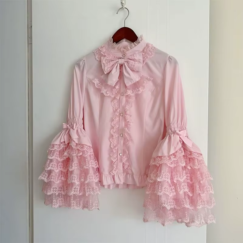Chemise Lolita gothique et douce – Chemisier à volants à manches longues pour robes JSK, haut en den