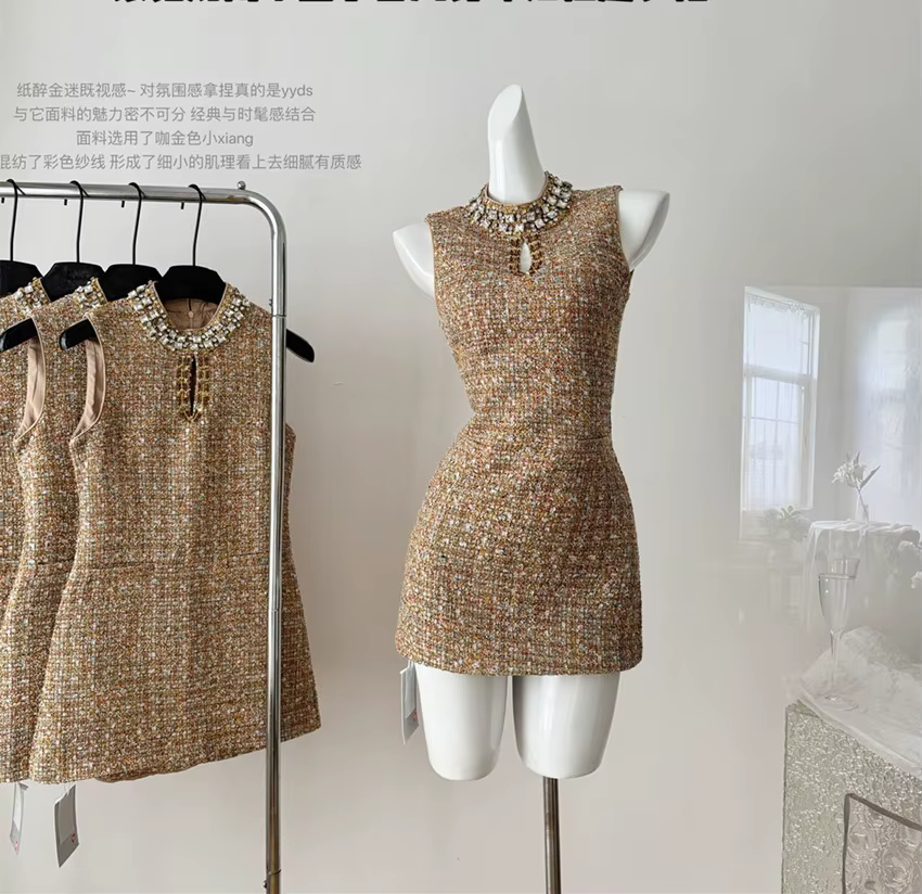 Mini robe de luxe en Tweed pour jeunes filles, couleur Vintage, douce, diamants, sans manches, tissa