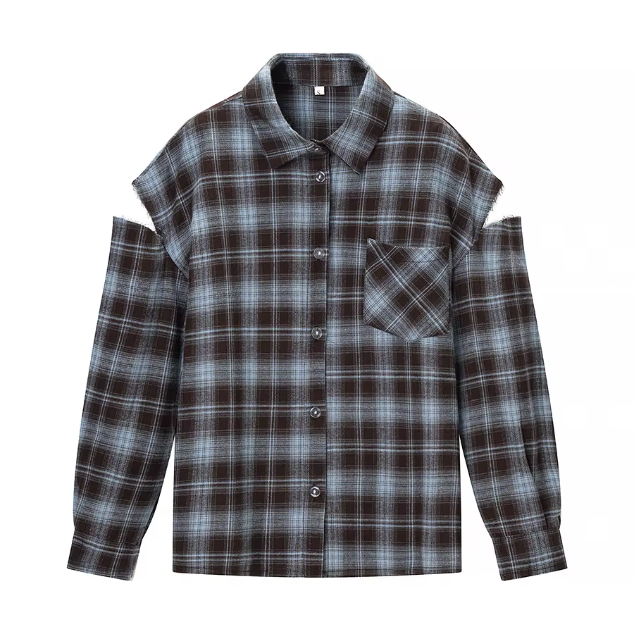Chemise à motif à carreaux tendance pour femmes, élégante, col à revers, manches longues, simple bou