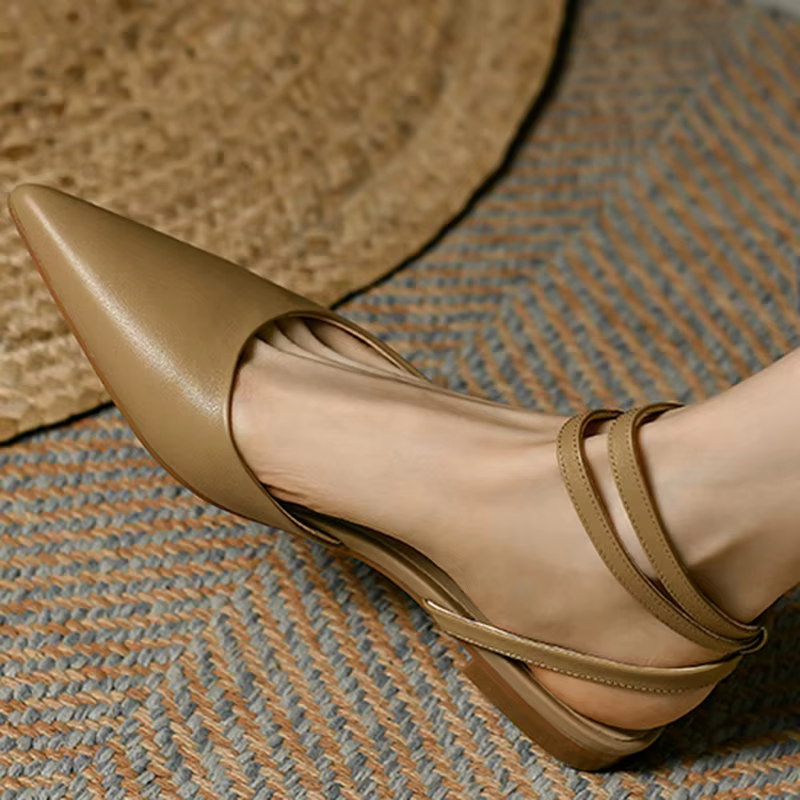 Sandales en Cuir group pour Femme, Chaussures Plates Beige Abricot, Fermées, Pointues, Slingbacks, P