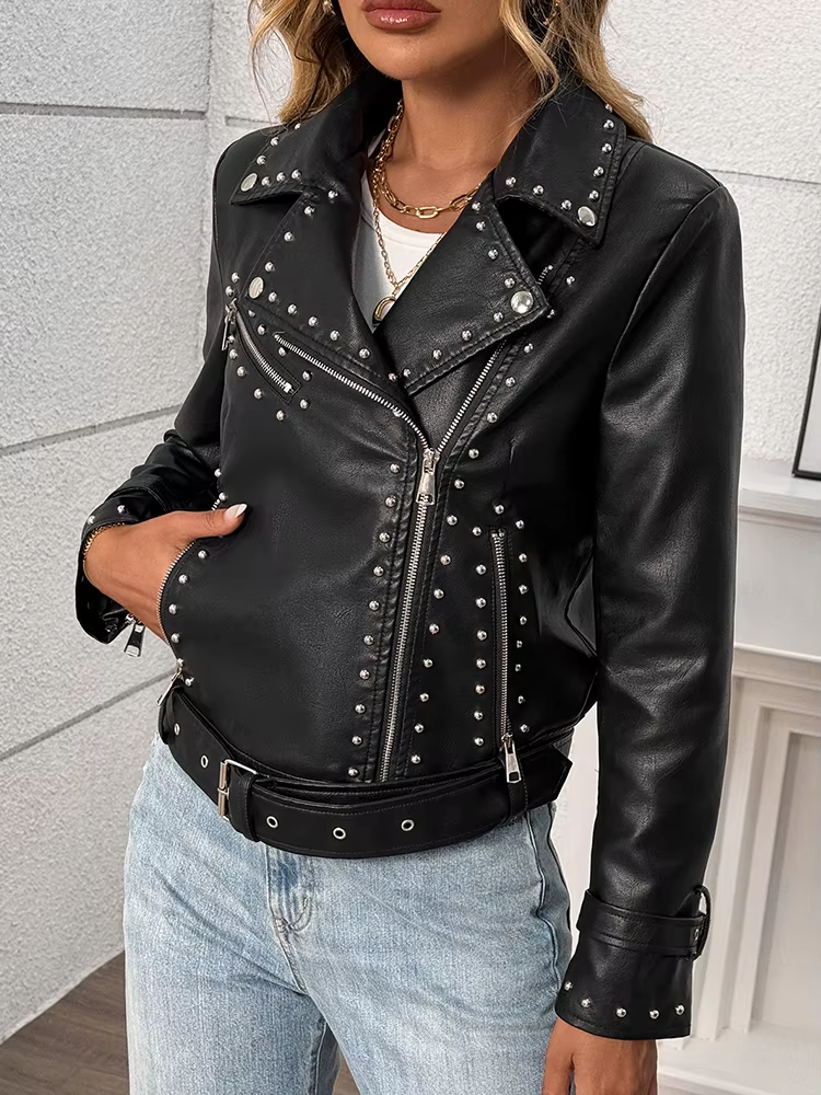 Ailegogo printemps automne femmes Streetwear Rivet fermeture éclair ceinture Faux cuir veste Vintage