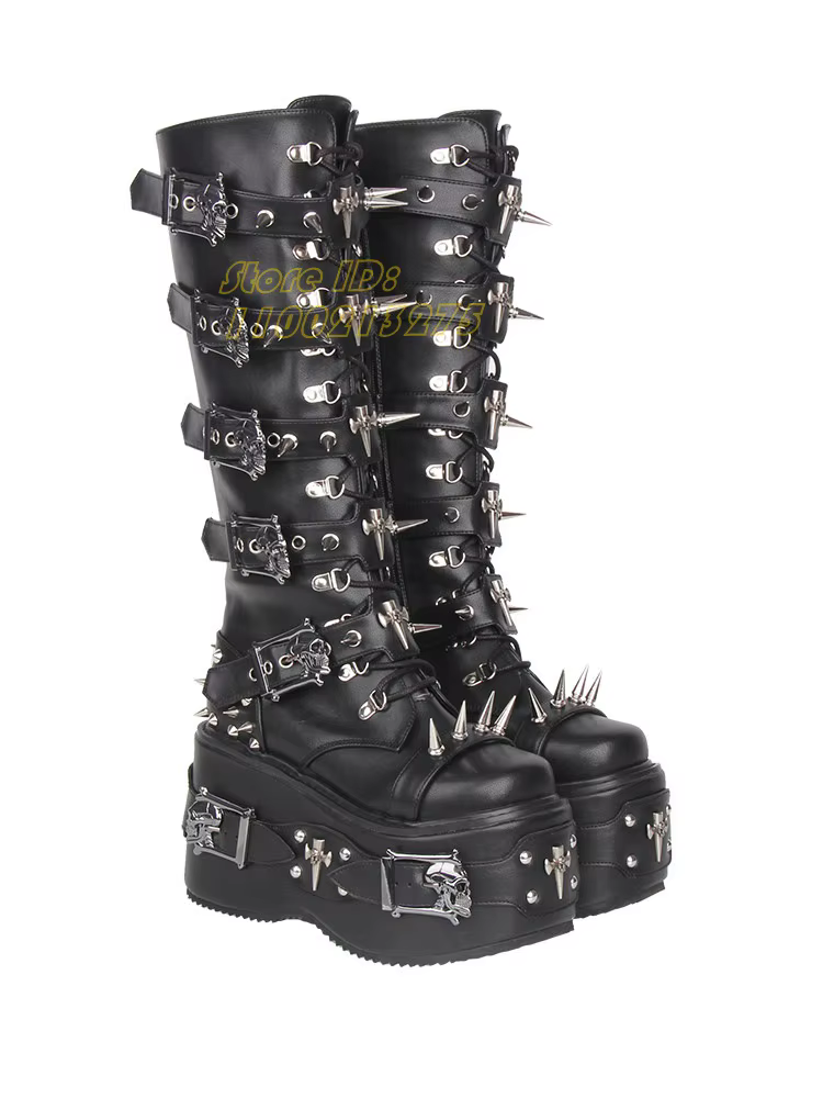 Bottes hautes à rivets et lanières, style punk, talon épais, fermeture éclair, bout rond, plateforme