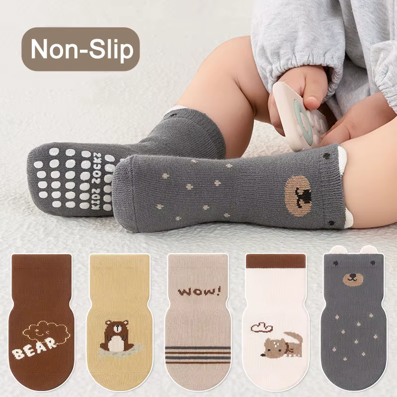 5 paires de chaussettes antidérapantes en coton pour enfants, garçons et filles, chaussettes de sol