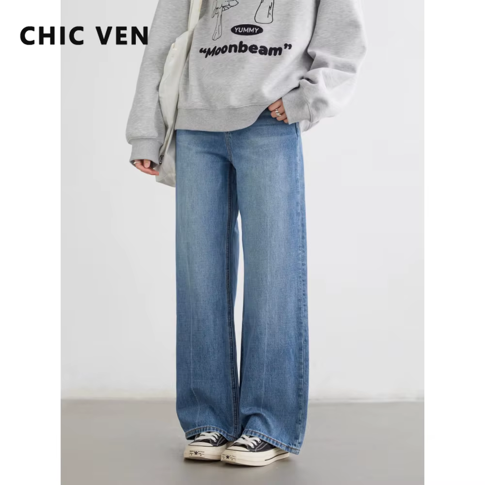 CHIC VEN femmes jean bleu ample décontracté solide nouveau rétro coton jambe large Denim pantalon fe