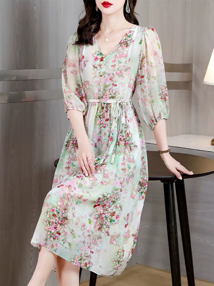 Robe de soirée mi-longue à fleurs pour femmes, col en V, mode décontractée, tenues de plage, tambour