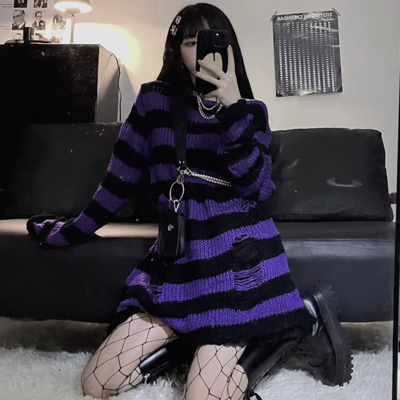 Karrram – pull Lolita gothique à rayures violettes, Style Punk, Harajuku japonais, ajouré, tricoté, 