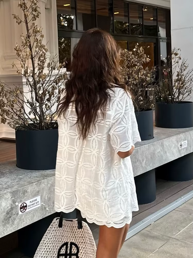 Foridol-Ensemble de robe en dentelle blanche décontractée pour femmes, jupe brodée évidée, tenues de