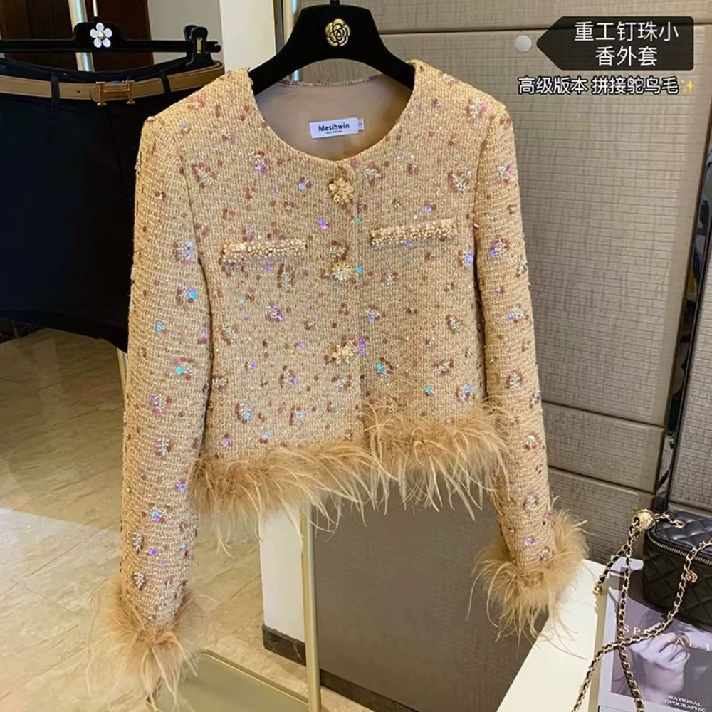 Doudoune épaisse à paillettes, petite veste parfumée, épissage de cheveux d'autruche, haut Noble de 