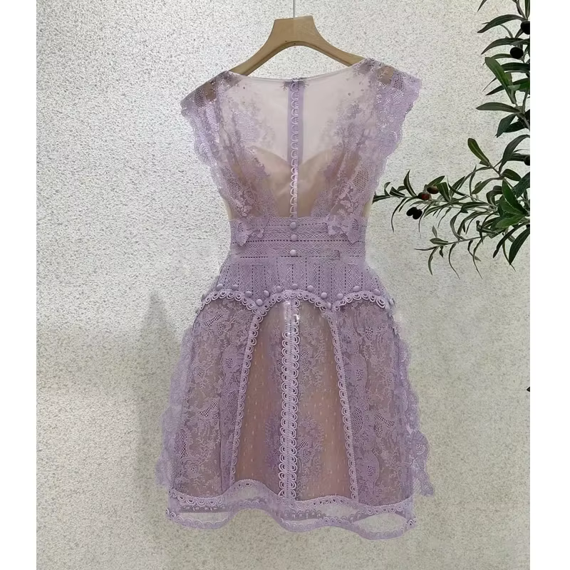 Robe de Luxe en Dentelle Violette pour Femme, Tenue Vintage Brodée de Fleurs, Col Rond, Élégante, Ta