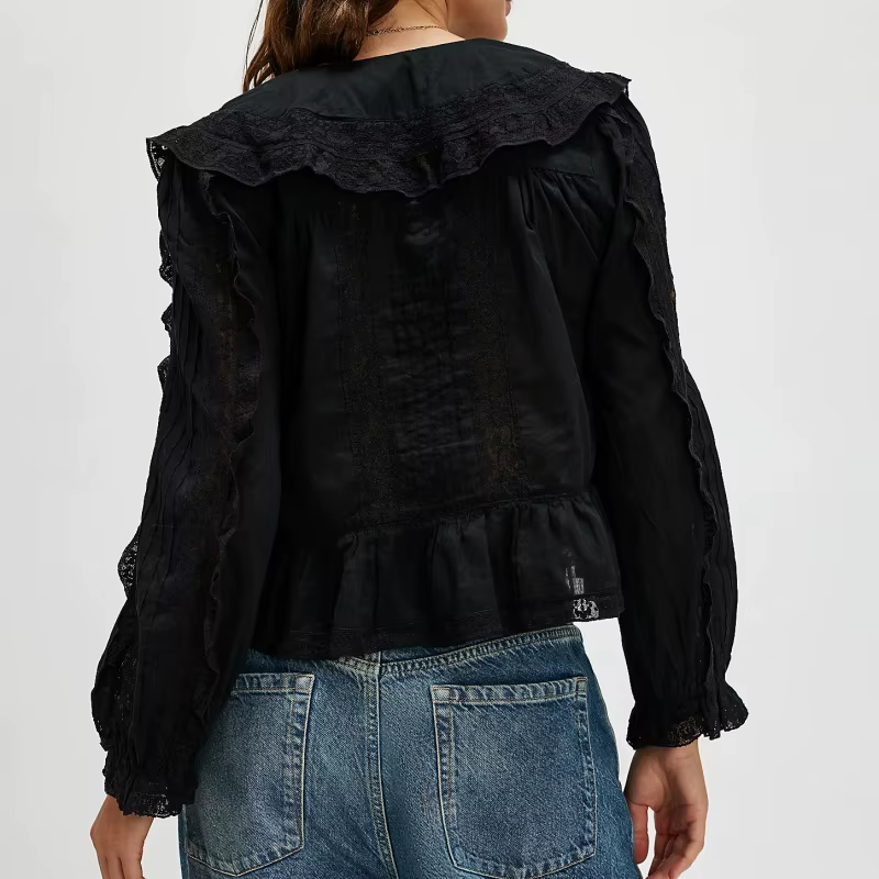 Chemises de plage en dentelle transparente pour femmes, style Boho, boutonné, à volants, manches cou