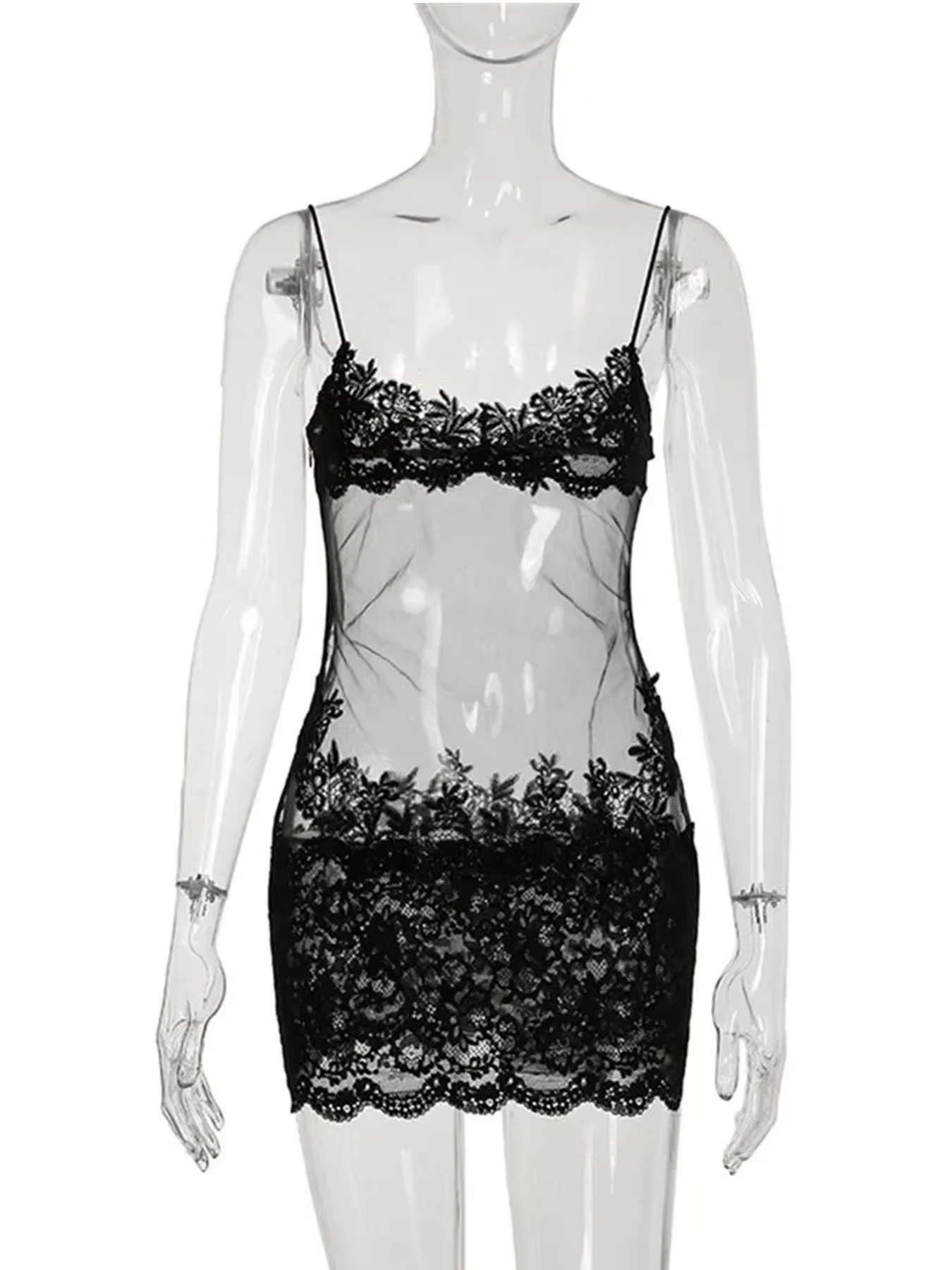Mini robe transparente en dentelle pour femmes, Sexy, enveloppant, Spaghetti, broderie de fleurs, ga