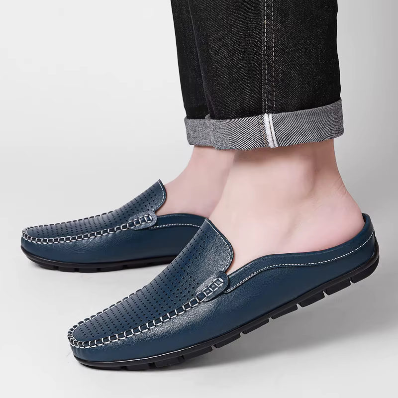 Demi-chaussures d'été pour hommes, Mules en cuir perforé, pantoufles décontractées à enfiler, mocass