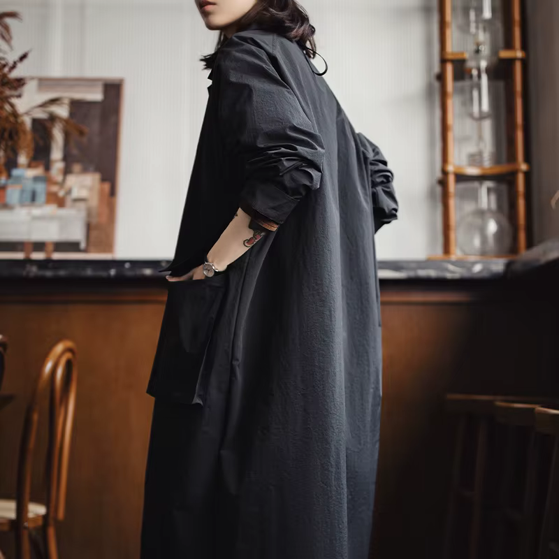Maden – manteau Balmacaan noir pour femme, col simple boutonnage, mi-long, coupe-vent, pour printemp
