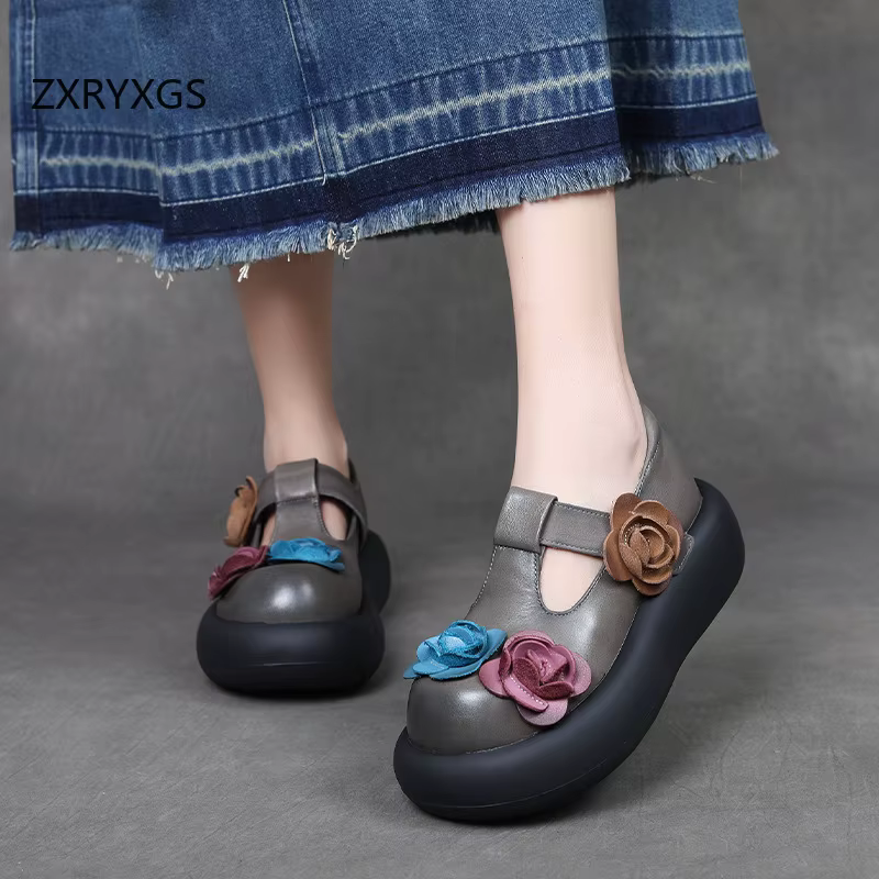 ZXRYXGS 2025 classique rétro haut peau de vache à la main fleur femmes chaussures à la mode plate-fo