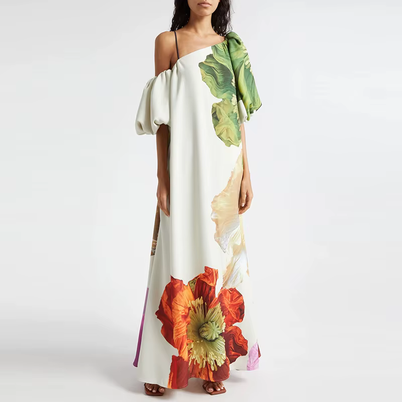 Sexy dame col incliné taille haute Robe Robe plage vacances fleur imprimé tenue décontractée printem