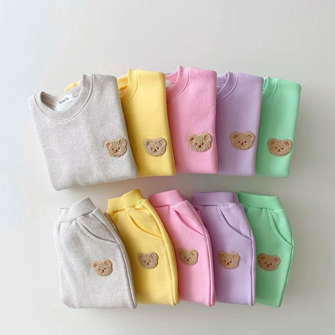 Ensemble de pull en polaire avec broderie d'ours pour fille de 1 à 5 ans, sweat-shirt + pantalon de