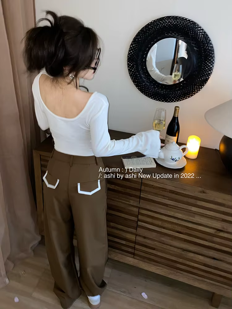 Contest ERART-Haut court à manches longues évasées pour femmes, tunique basique, haut en tricot, bei