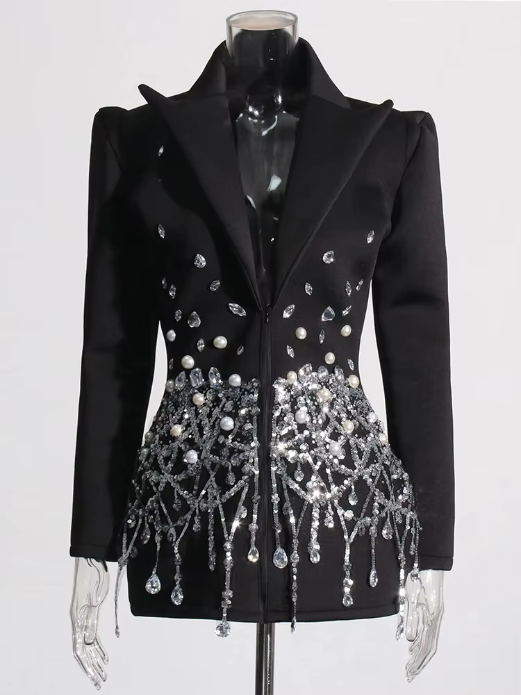 DEUX TWINSTYLE Patchwork Paillettes Tempérament Robe Pour Les Femmes Revers À Manches Longues Taille