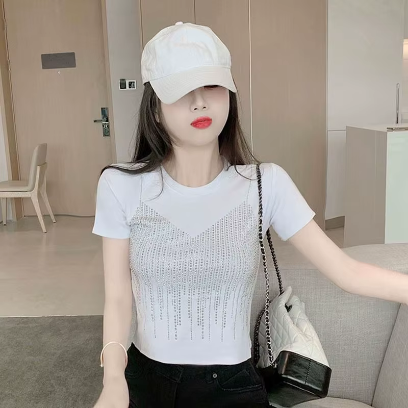 T-shirt à manches courtes pour femmes, 100% coton, coréen, chic, mince, col rond, solide, haut court