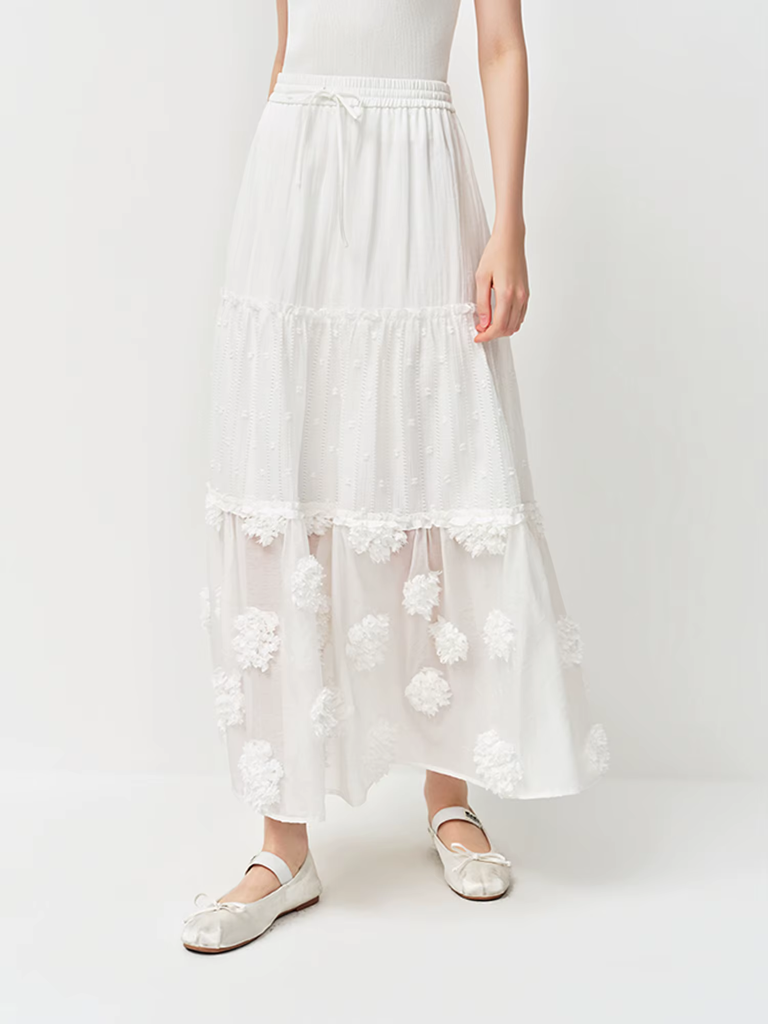 Jupe midi superposée FSLE 2026 pour femme, jupe trapèze blanche brodée de fleurs 3D pour un style ré