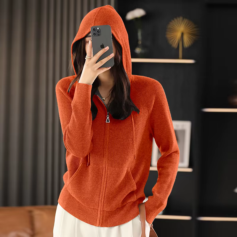 Pull en mélange de laine pour femme, col à capuche, tricoté épais, fermeture éclair, avec base de po