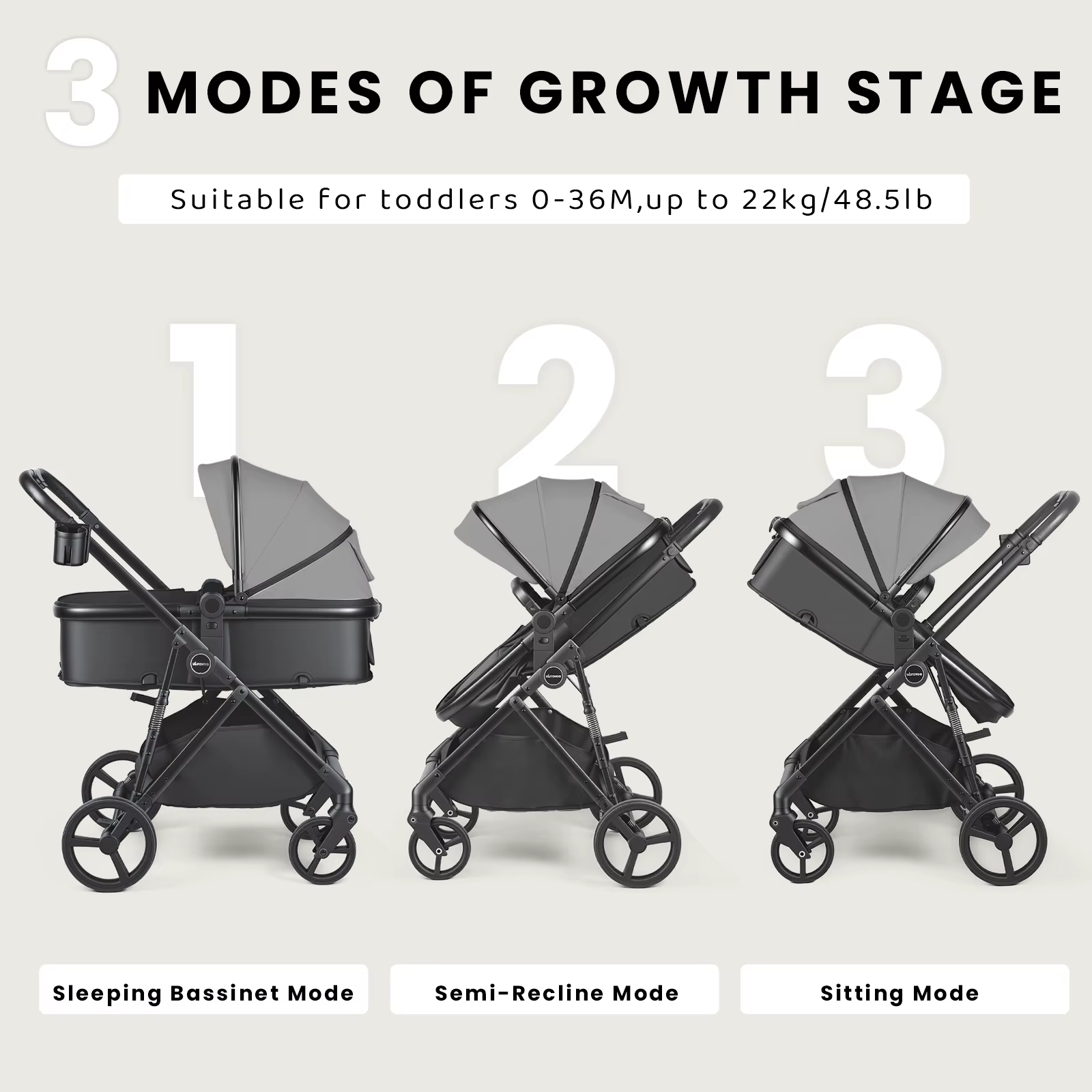 Poussette pour bébé 2 en 1, landau pliable avec siège réversible, auvent réglable, panier de rangeme