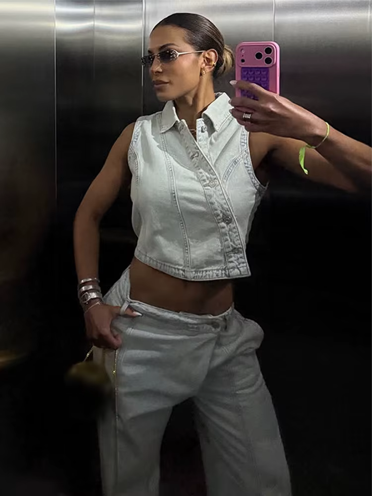 Nouvel ensemble 2026 : Gilet en jean et pantalon pour femme – Veste ajustée sans manches à revers et