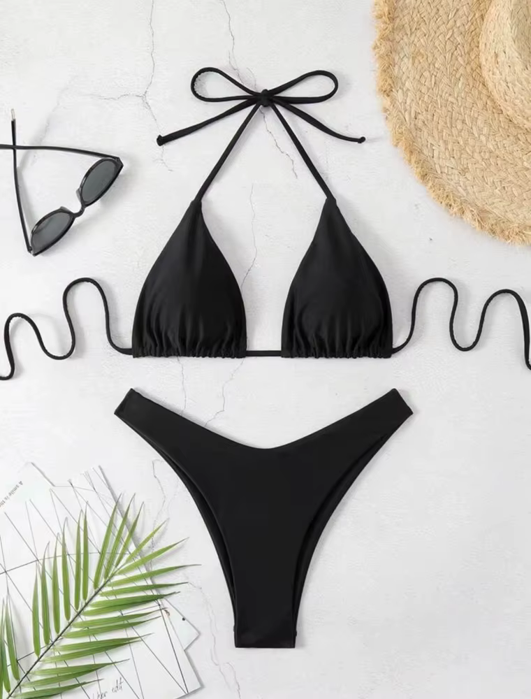 Maillot de bain brésilien à lacets, string, bikini, sexy, couleur unie, blanc/noir/café, col licou, 