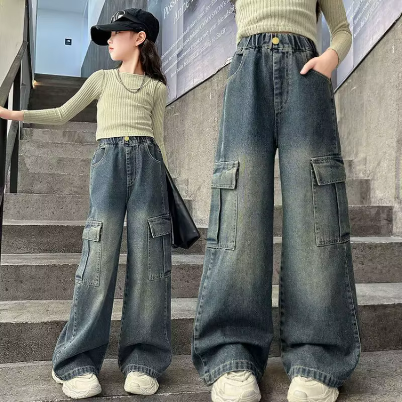 Jeans cargo pour filles, pantalons en denim à jambes larges pour enfants, vêtements de rue tendance