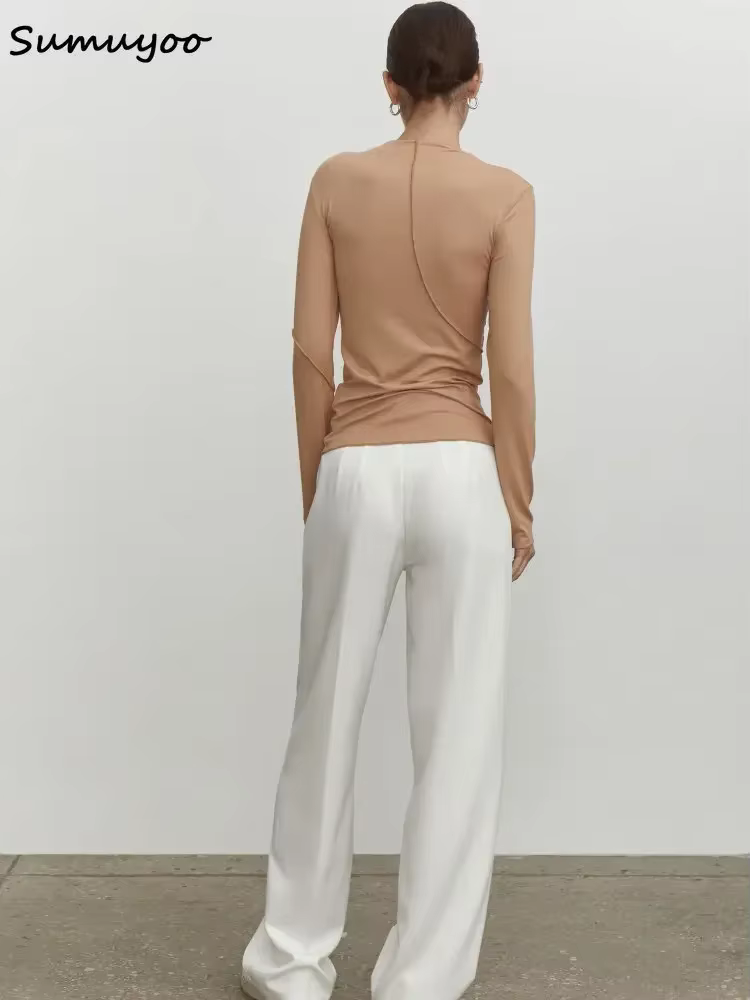 Summkoo-T-shirt Slim Fit à manches longues pour femmes, Économie Streetwear basiques, Demi-col roulé