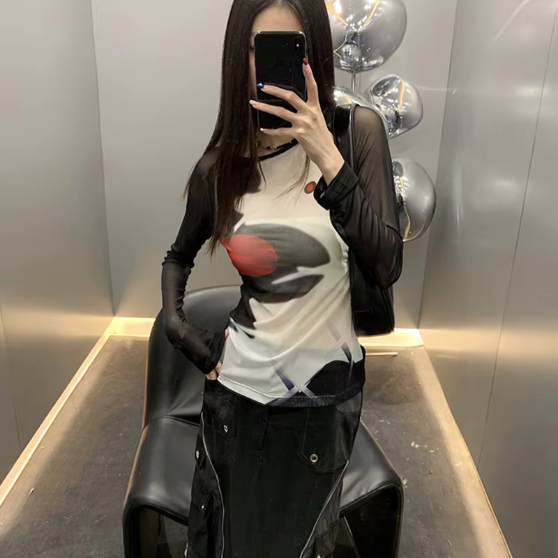 T-shirt en maille Karrcat cyber-y2k, hauts imprimés Grunge esthétique japonais Harajuku, teinture pa
